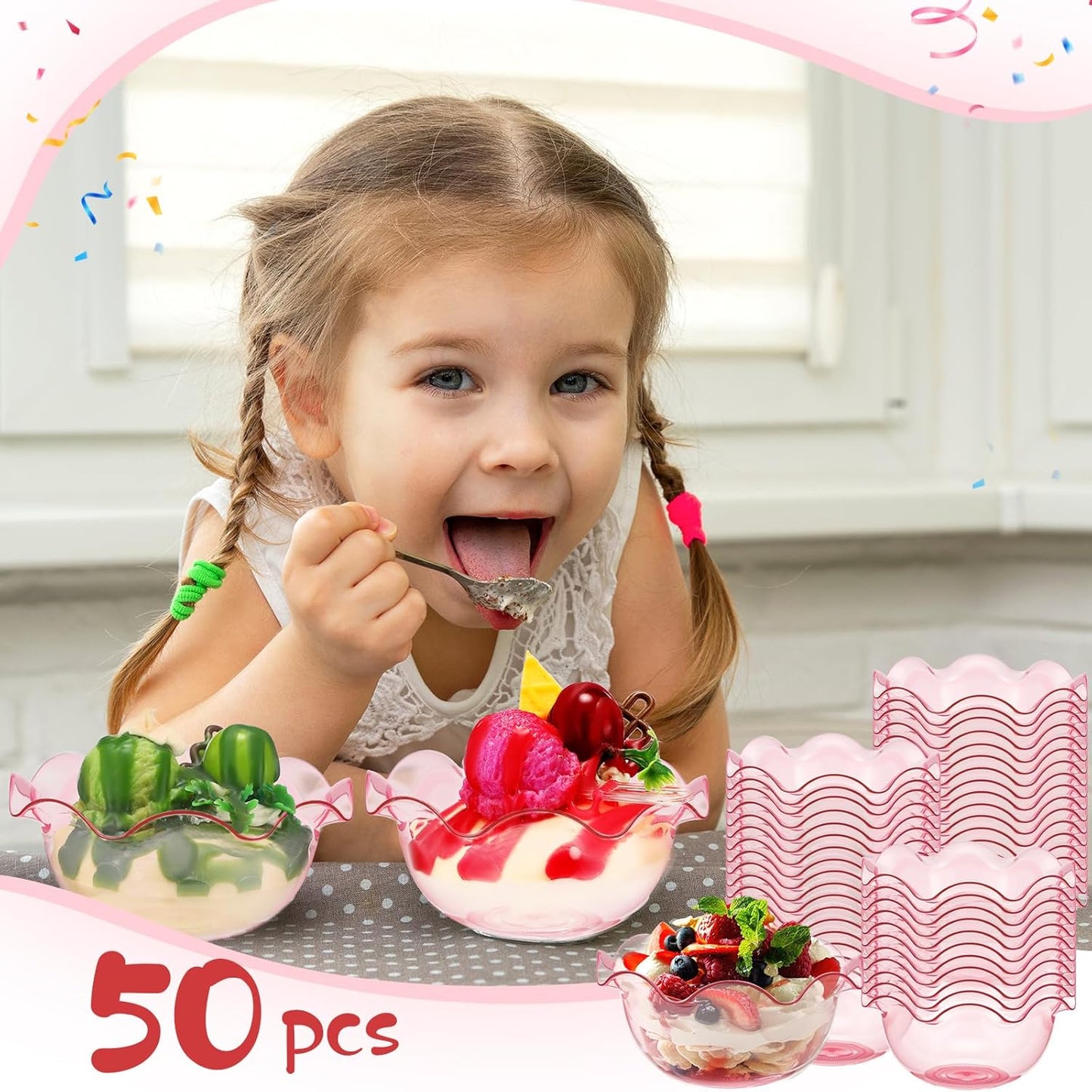 Newtay 50pcs 6oz Small Plastic Dessert Bowls Ice Cream Bowls Reusable Flower Shaped Party Serving Elegant Buffet Serving Cups for Nuts, Salad, Fruit, Snacks and Yogurt (Pink)