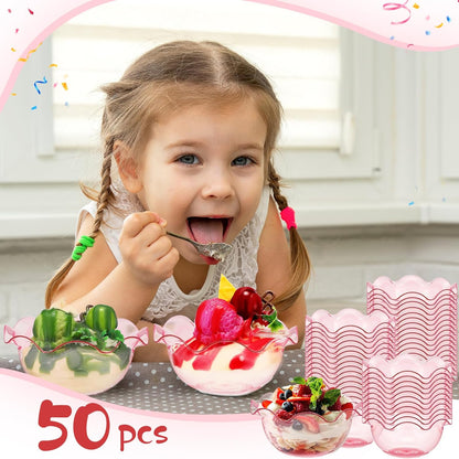 Newtay 50pcs 6oz Small Plastic Dessert Bowls Ice Cream Bowls Reusable Flower Shaped Party Serving Elegant Buffet Serving Cups for Nuts, Salad, Fruit, Snacks and Yogurt (Pink)