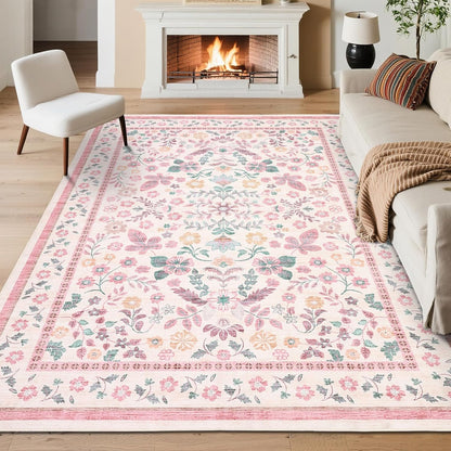 GarveeHome 10x14 Area Rugs for Living Room Machine Washable Floral Rugs Soft Stain Resistant Non-Slip Backing Low Pile Floor Carpet for Bedroom Girls Room Farmhouse Pink