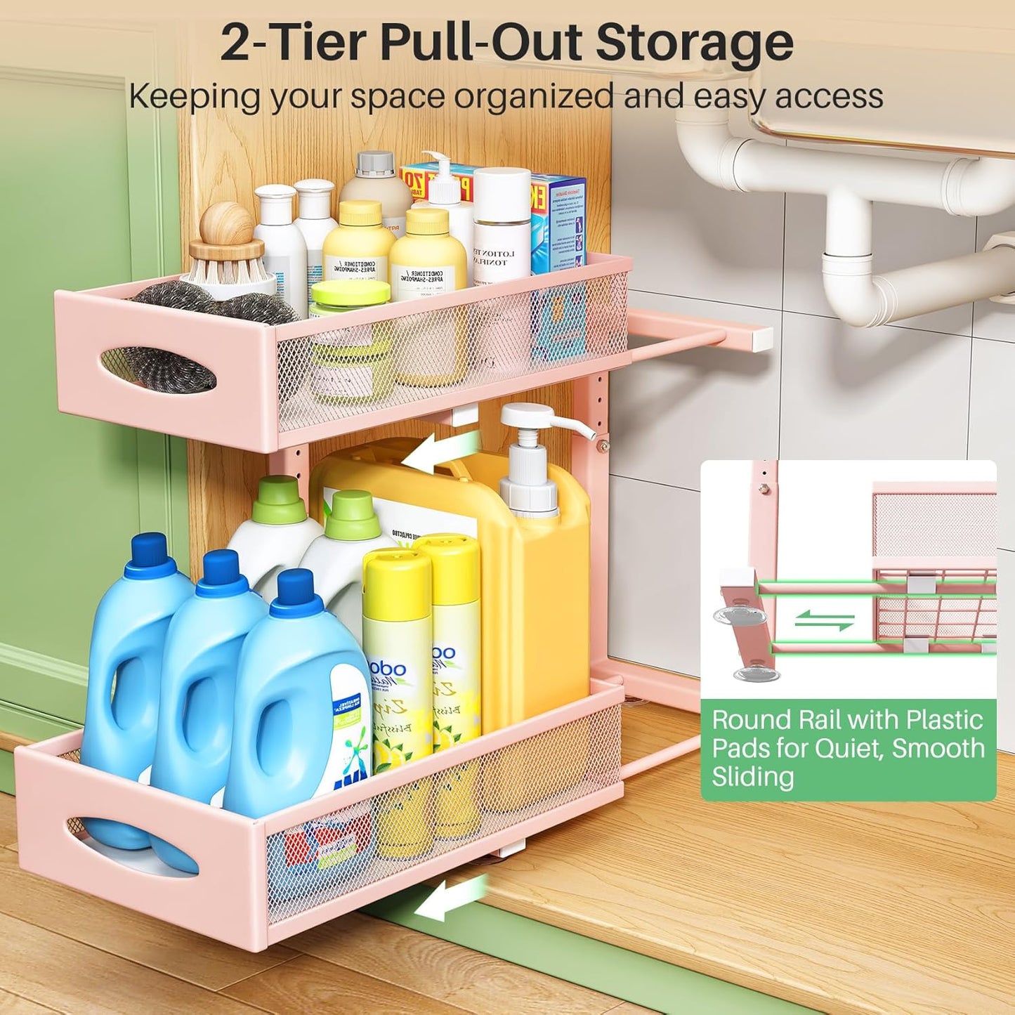 Under Sink Organizer, 2 Tier Pull out Cabinet Organizer Baskets with Mesh Sliding Drawers, Slide out Storage Shelf for Home, Kitchen, Bathroom, Pantry, Office Cabinet(1 Pack, Pink)