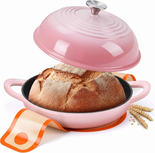 Round Bread Oven for Homemade Sourdough Bread Baking, Leonyo Enameled Cast Iron Dutch Oven Pot with Lid, 6 Quart, Pink