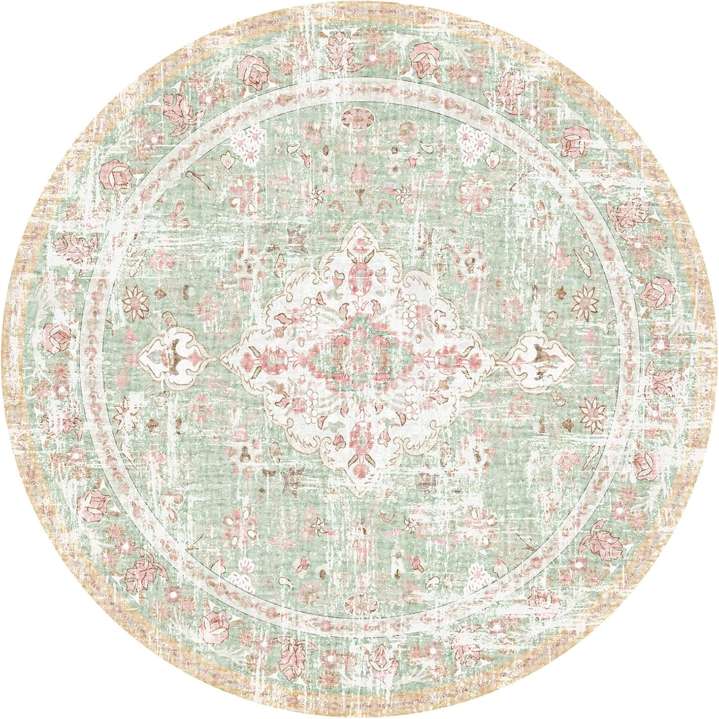 Vhong Boho Area Rugs Vintage Washable Modern Neutral Carpet Green and Pink 9×9 High Traffic Round Rugs for Dinning Room Living Room Bedroom Farmhouse Non Slip