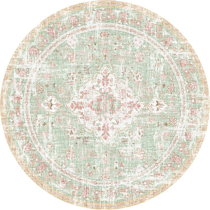 Vhong Boho Area Rugs Vintage Washable Modern Neutral Carpet Green and Pink 9×9 High Traffic Round Rugs for Dinning Room Living Room Bedroom Farmhouse Non Slip