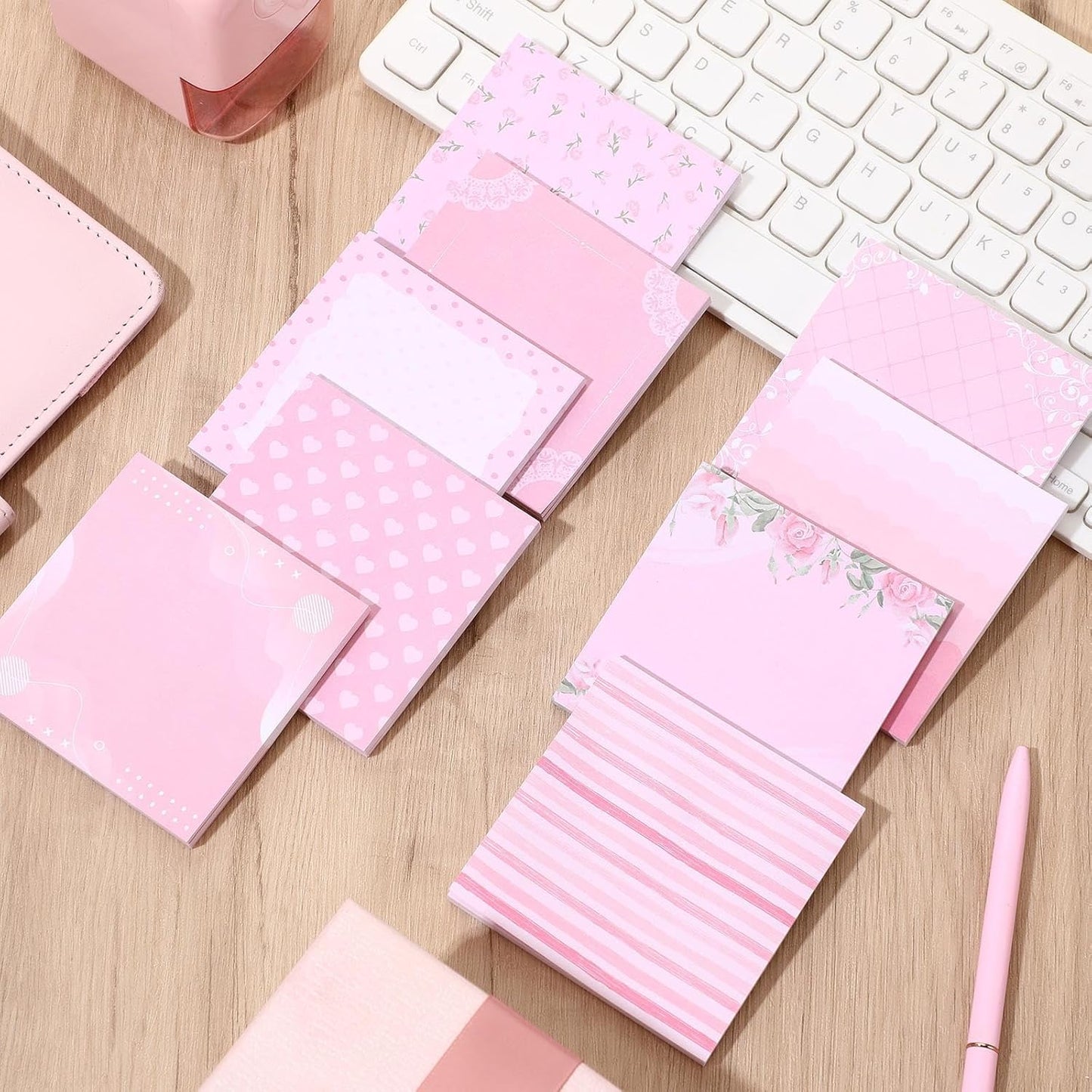 9 Pcs Aesthetic Sticky Notes Cute Pastel Self Stick Notepads Easy to Post Desk Supplies for Home Office Decor School Accessories Women Birthday Coworker Gifts(Pink)