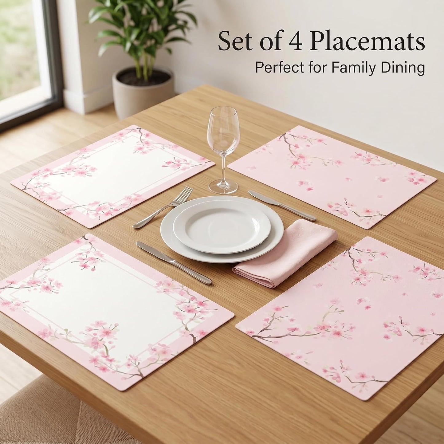 Topadorn Pink Cherry Blossom Placemats Set of 4, 18 x 12 Inch Woven Vinyl Placemats for Dining Table, Washable Heat Resistant Sakura Floral PVC Table Mats for Kitchen Patio