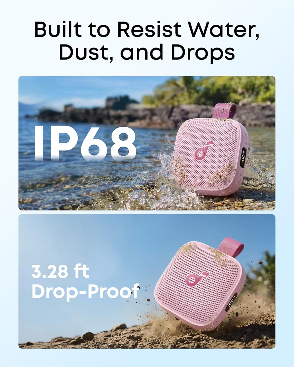 Soundcore Boom Go 3i Portable Bluetooth Speaker by Anker, 15W Punchy Sound, 24H Playtime, IP68, BassUp 2.0, Emergency Charging, Bluetooth 6.0, Waterproof Speaker for Hiking/Cycling/Camping (Pink)