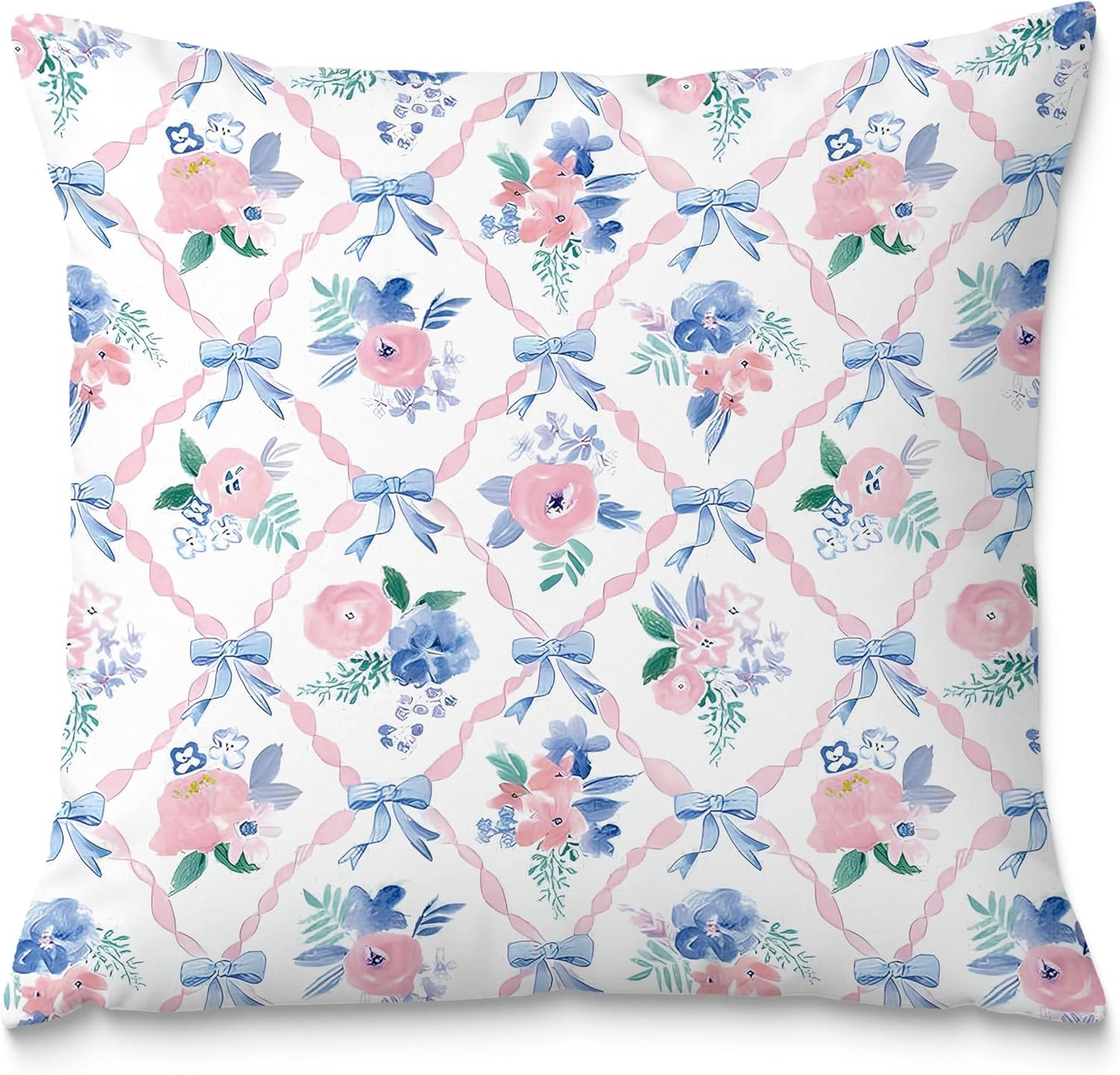Coquette Bow Pillow Covers 18x18, Coquette Room Decor, Preppy Pink and Blue Floral Pillow Covers, Preppy Room Decor, Girly Bedroom Decor, Coquette Stuff, Bow Room Decor