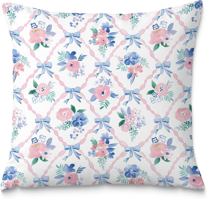 Coquette Bow Pillow Covers 18x18, Coquette Room Decor, Preppy Pink and Blue Floral Pillow Covers, Preppy Room Decor, Girly Bedroom Decor, Coquette Stuff, Bow Room Decor