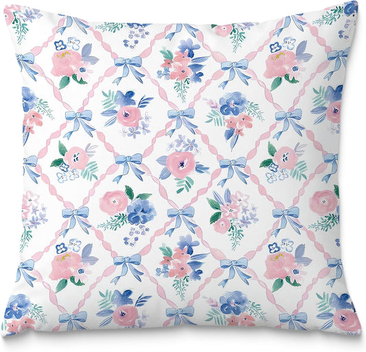 Coquette Bow Pillow Covers 18x18, Coquette Room Decor, Preppy Pink and Blue Floral Pillow Covers, Preppy Room Decor, Girly Bedroom Decor, Coquette Stuff, Bow Room Decor