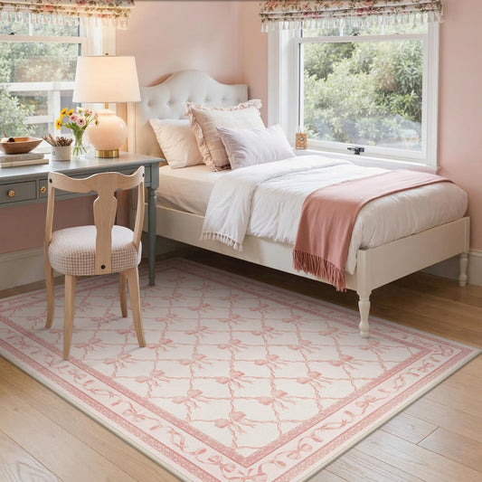 GENIMO Area Rugs 3X5 for Living Room Bedroom, Machine Washable Non Slip Flower Bow Rug, Low Pile Soft Cute Floral Rug for Dining Room Girls Room Nursery Room and Playroom, Pink Bow