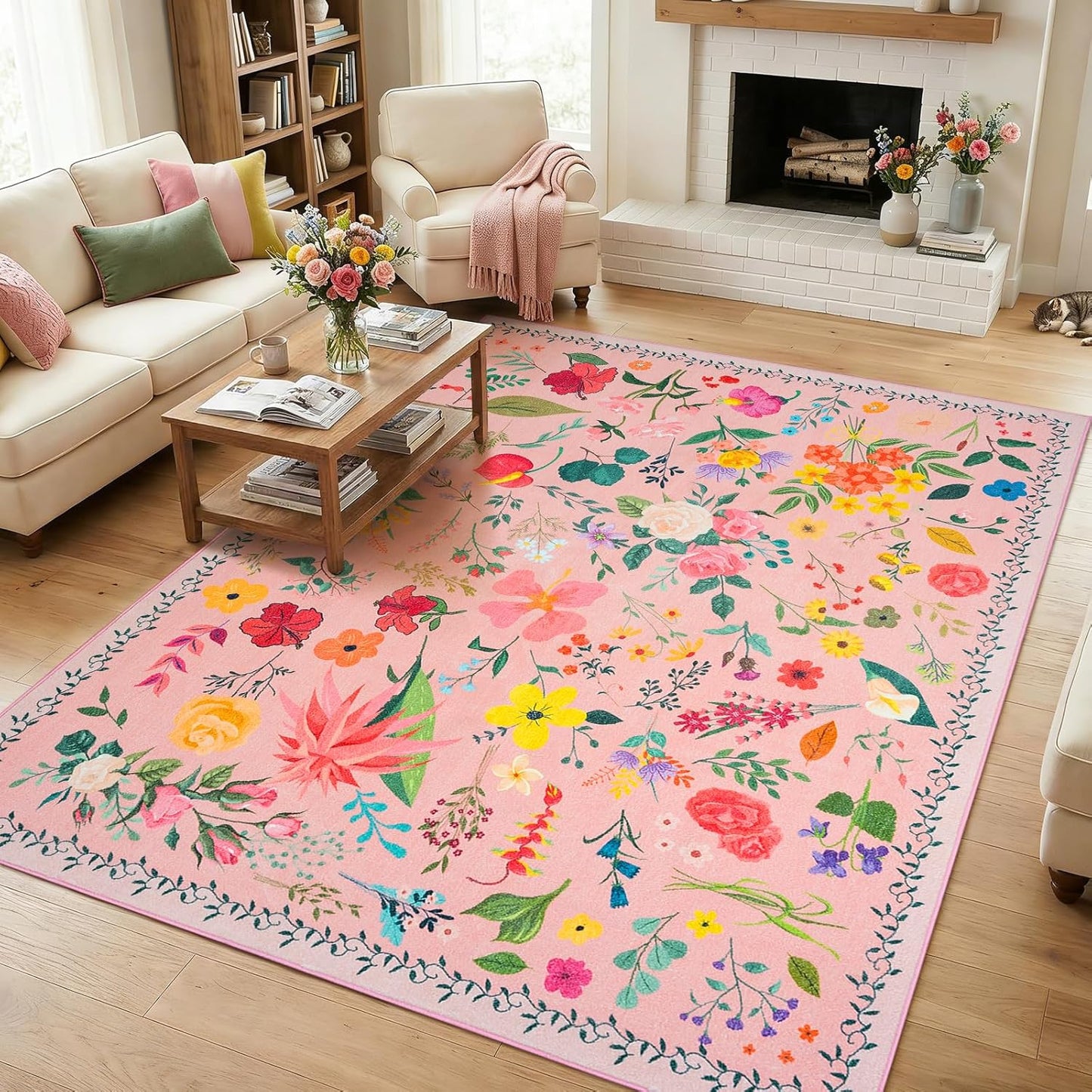Area Rug for Living Room, 4x6Ft Washable Rug, Floral Low Pile Non-Slip Carpet for Bedroom Office Playroom Entryway Kitchen Dining Room, Pink