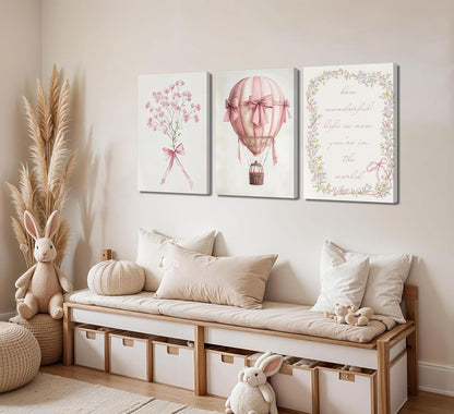 3Pcs Pink Nursery Canvas Wall Art Pictures Cute Baby Girls Room Posters Print Neutral Pink Bow Bouquet Hot Air Balloon Pastel Painting Wall Decor for Kids Room Little Girl Bedroom 12x16in Framed