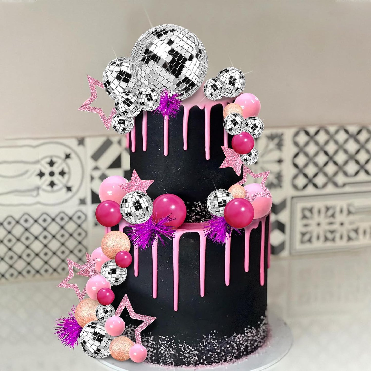 Pink Disco Ball Cake Topper Mirror Balls Cake Decorations with Pink Stars Cake Topper for 70s 80s Disco Dance Saturday Night Fever Birthday Supplies