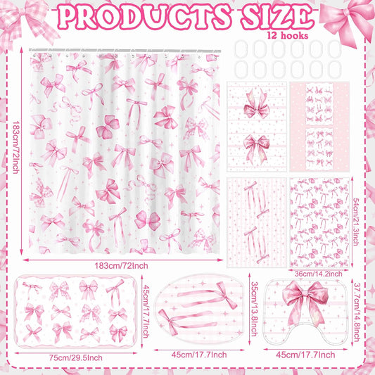FuWeave 8 Pcs Pink Bow Shower Curtain Sets for Bathroom Decor Cute Coquette Bathroom Accessories Bow Knot Aesthetic Girly Shower Curtain Sets with Towels Carpet Bath Mat Toilet Rugs and 12 Hooks