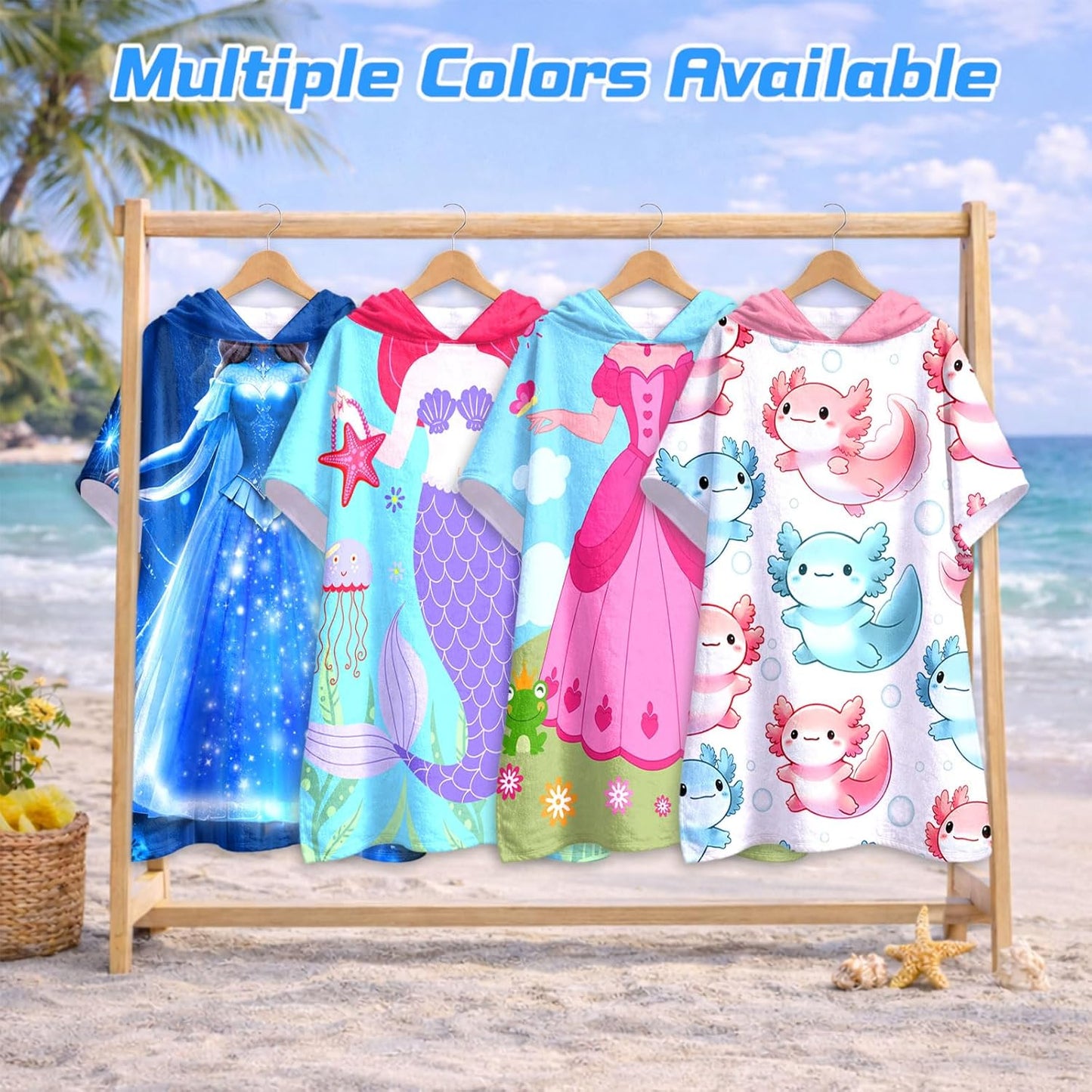 Axolotl Kids Hooded Beach Towel Wrap for 4-12 Years, Soft Absorbent Bath Poncho with Pink Axolotl Bubbles Print, Quick Dry Swim Cover Up for Pool, Beach, Vacation and Bathroom, 31x39 Inch