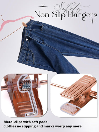 HOUSE DAY Velvet Skirt Hangers 24 Pack, Non Slip Pants Hangers with Rose Gold Clips, Ultra Thin Velvet Hanger Space Saving, Heavy-Duty Clothes Hanger for Trouser, Jeans, Dresses, Coats (Pink)