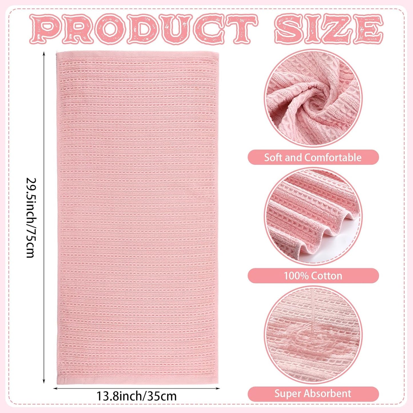 Mindsoft 4 Pack Pink Hand Towels Waffle Striped Pattern 100% Cotton Soft Hand Towels for Bathroom 13 x 29 Inch Absorbent Waffle Washcloths for Bathroom Kitchen
