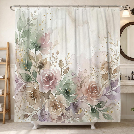 Rose Shower Curtain, Floral Watercolor Leaf Gold Spring Pastel Peach Polyester Waterproof Design Print Bath Curtains for Home Bathroom Toile Hotel Decor 72x72 Inch