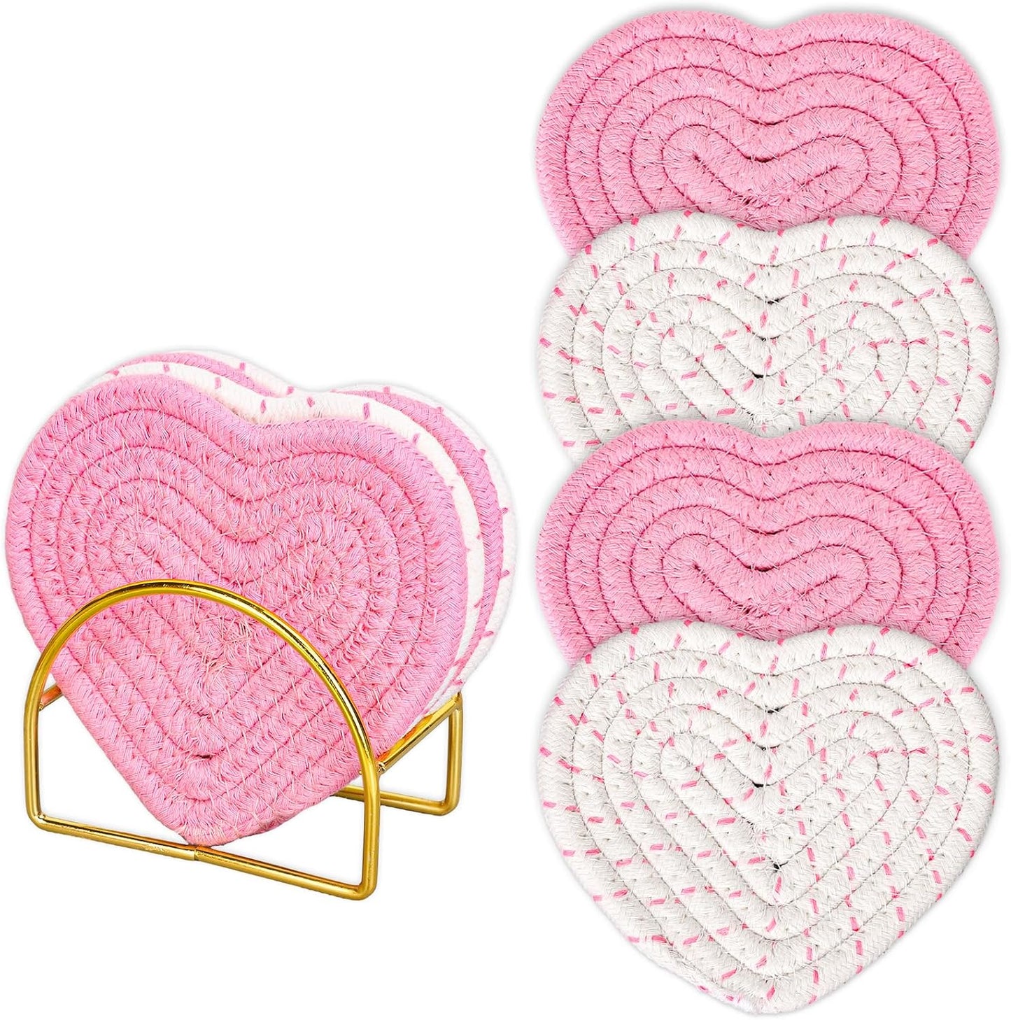 Whaline Valentine's Day Heart Coasters Pink White Love Heart Shape Handmade Braided Cotton Drink Coasters Absorbent Cup Mats for Mother's Day Wedding Birthday Party Decor Housewarming Gifts, 4Pcs