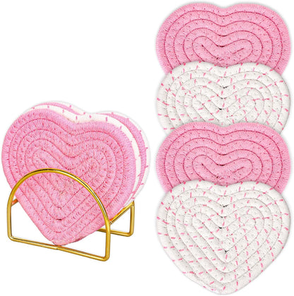 Whaline Valentine's Day Heart Coasters Pink White Love Heart Shape Handmade Braided Cotton Drink Coasters Absorbent Cup Mats for Mother's Day Wedding Birthday Party Decor Housewarming Gifts, 4Pcs