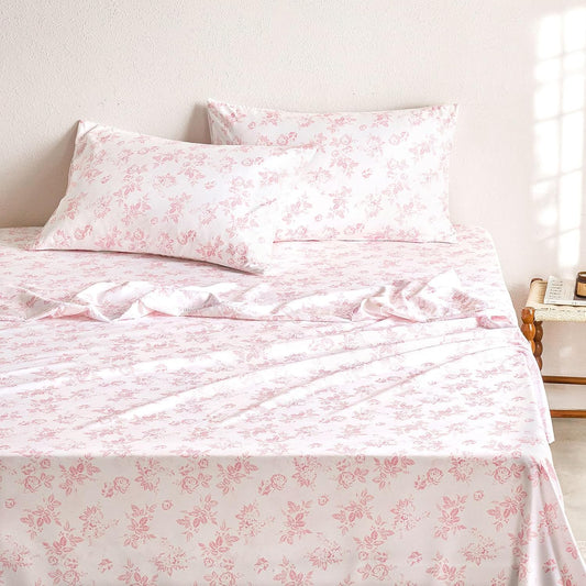 Wake In Cloud - Floral Bed Sheets, 4-Piece Sheet Set, Shabby Chic Botanical Coquette Cottagecore Vintage Flower Pattern Printed Bedding, Deep Pocket, Pink, Twin Size