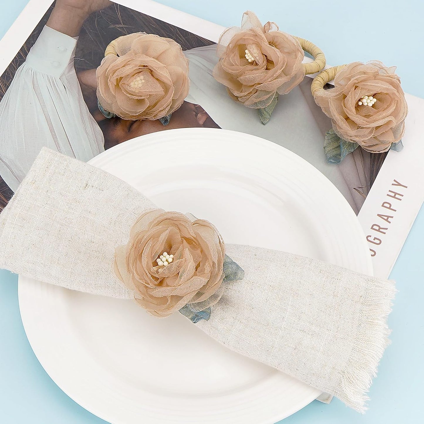 Handcraft Flower Napkin Rings Set of 6– Blush Beige Camellia Tulle Napkin Holders for Dining Table Decor, Weddings, Parties, Birthday & Thanksgiving
