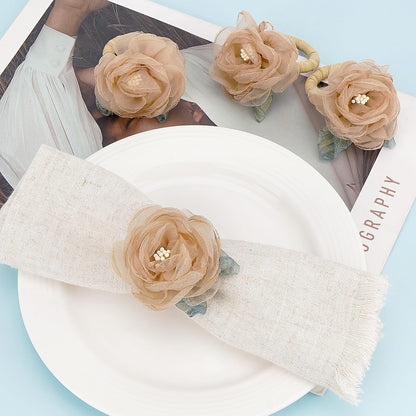 Handcraft Flower Napkin Rings Set of 6– Blush Beige Camellia Tulle Napkin Holders for Dining Table Decor, Weddings, Parties, Birthday & Thanksgiving