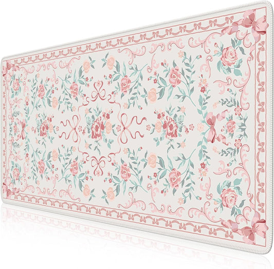 HAOCOO Pink Desktop Mat with Bow, Cute Large Mouse Pad for Office, Non-Slip Waterproof Desk Pad for Keyboard and Mouse, Floral Aesthetic Desktop Mat, Girly Home & Cubicle Supplies