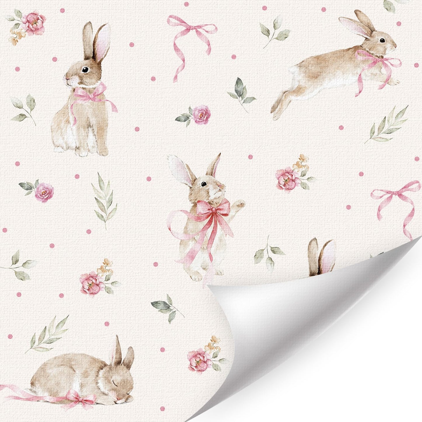 LHIUEM Boho Bunny Peel and Stick Wallpaper 17”x118”Pink Ribbons Rabbit Floral Self Adhesive Contact Paper Easter Botanical Wallpaper Flowers and Leaf Art Paper Woodland Nursery Wall Mural for Bedroom