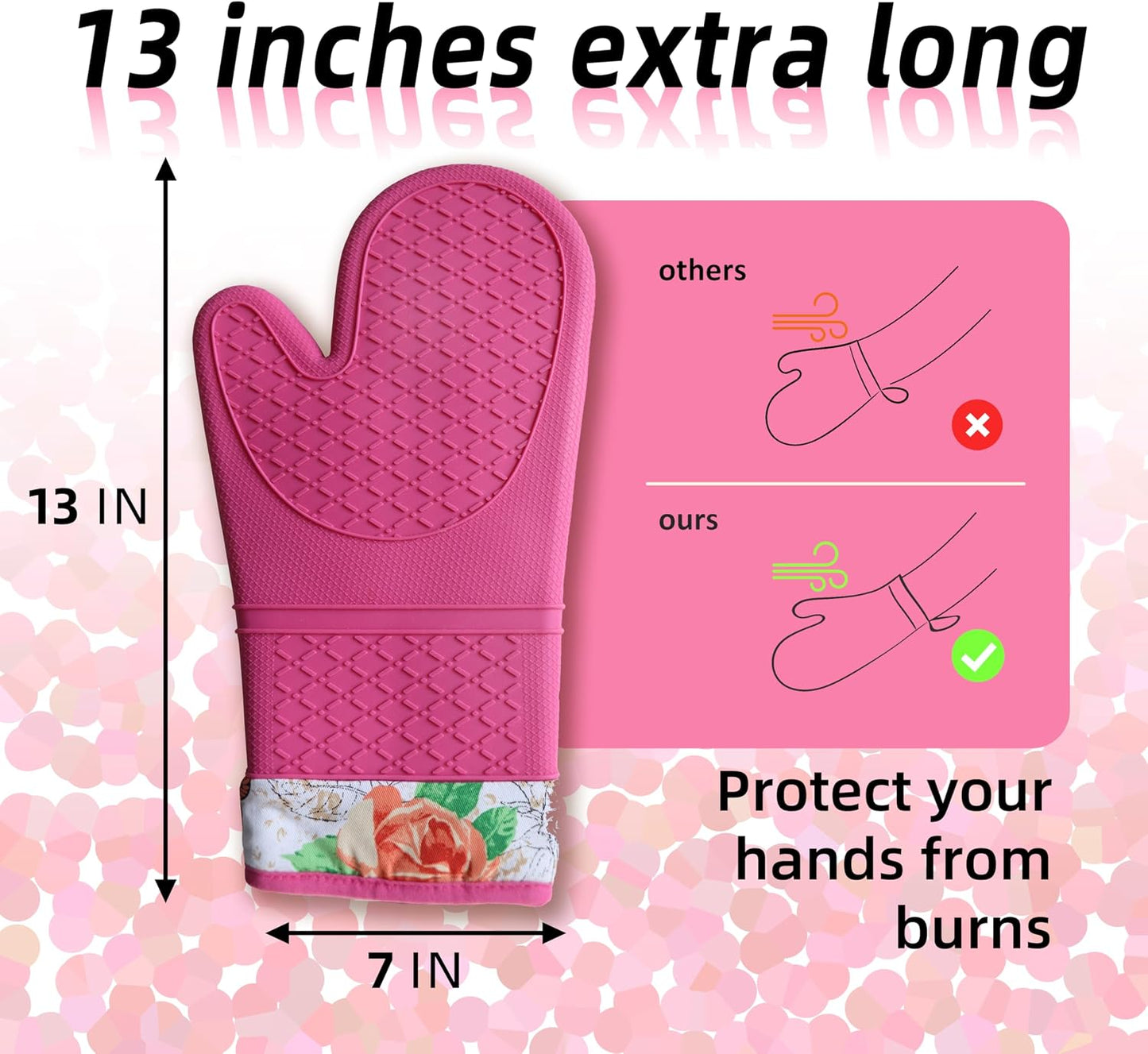 Pair of 2 Heat-Resistant Silicone Oven Mitts – Extra Long, Non-Slip Grip, Soft Cotton Lining, Perfect for Baking, Cooking & BBQ – 13” x 7” Kitchen Gloves (Pink Rose)