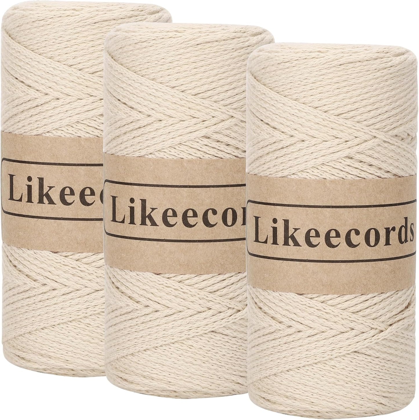 Likeecords 100% Cotton Crochet Yarn for Bag,3 Rolls/Pack 2mm x 510m,Macrame Cord,Chunky Yarn for Crocheting Handbag, Purse,Blankets Crafts Projects (Apricot)