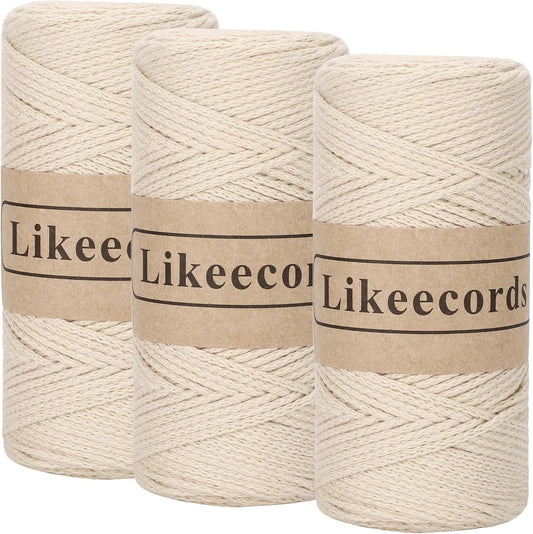 Likeecords 100% Cotton Crochet Yarn for Bag,3 Rolls/Pack 2mm x 510m,Macrame Cord,Chunky Yarn for Crocheting Handbag, Purse,Blankets Crafts Projects (Apricot)