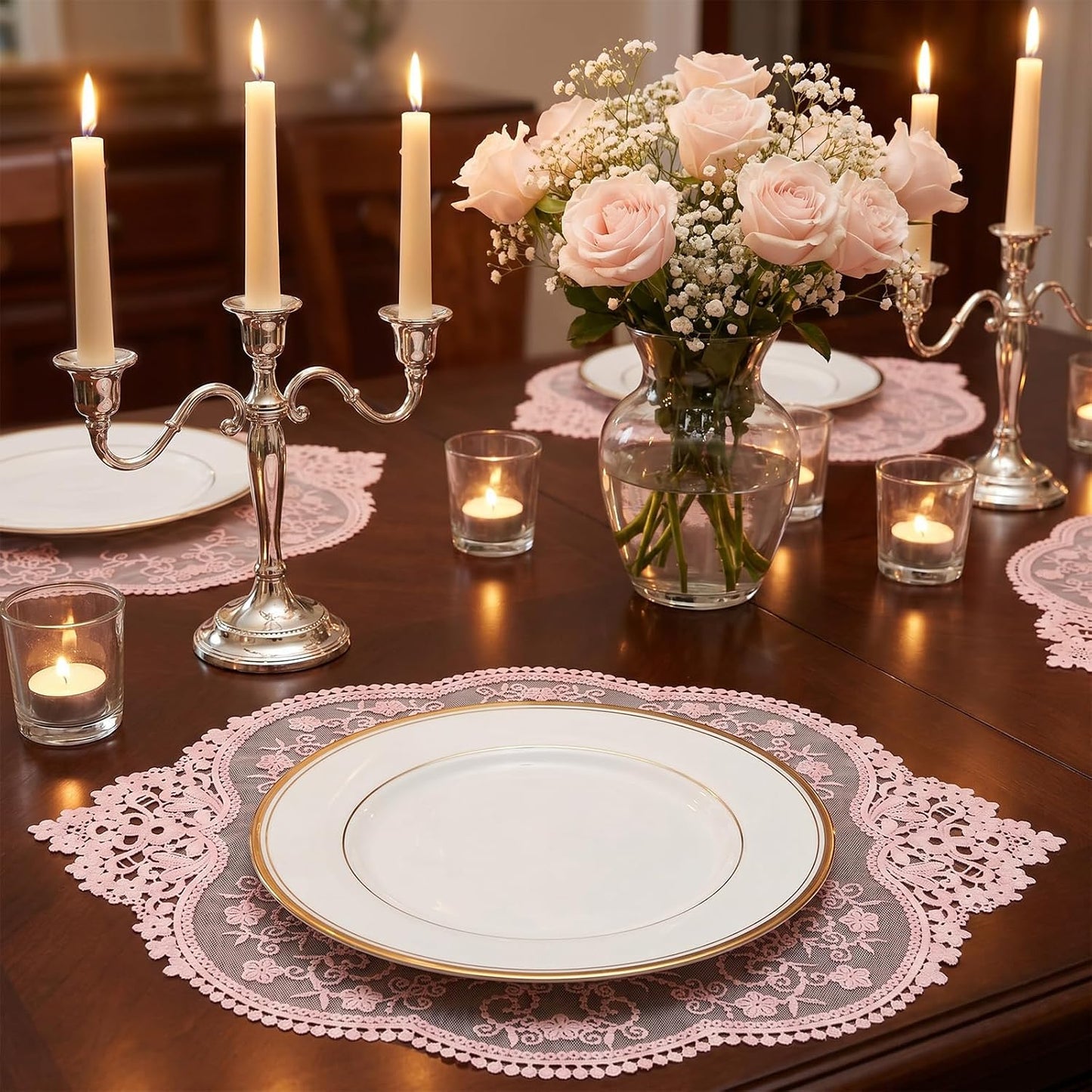 Amabro 4Pcs Lace Doilies for Tables Retro French Style Lace Placemats Doilies for Tables Fashionable Floret French Crochet Coasters Elegant and Retro Cup Mats Home Wedding Furniture Decor(Pink)