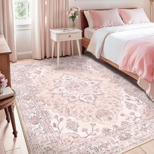 RELEANY Area Rugs 5'x7' Washable Non-Slip, Floral Vintage Distress Medallion Carpet for Living Room Bedroom Dining Room, Pink Greypink Cute
