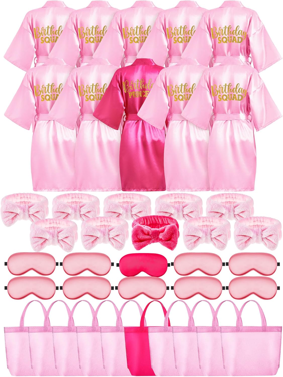 Bokon 40 Pcs Spa Party Supplies 10 Birthday Squad Princess Robe 10 Tote Bags 10 Headbands 10 Spa Masks for Birthday