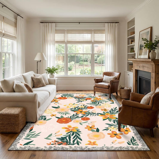 Bedroom Rugs 5x7, Washable Farmhouse Blush Pink Floral Area Rug for Living Room, Soft Modern Cottage Core Rug with Terracotta Orange Flowers for Reading Corner, Ideal for Nursery Girls Room