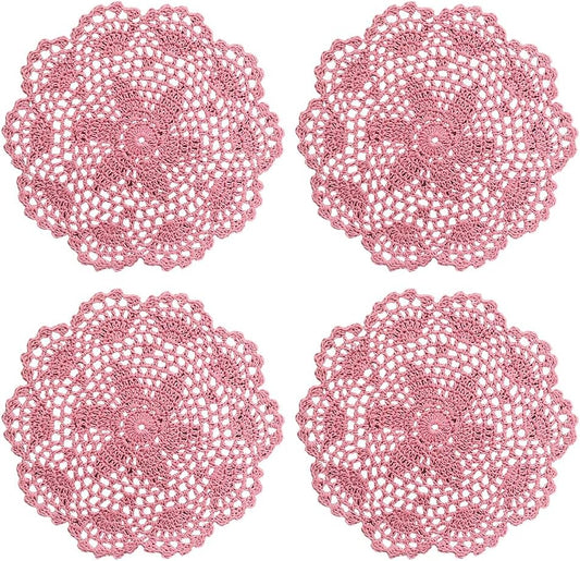GSHLLO 4 Pcs Round Crochet Doilies Vintage Lace Placemats Rustic Fabric Table Doilies Kitchen Knitted Place Mats Decorative Woven Coasters Retro Handmade Coasters for Birthday Party Pink