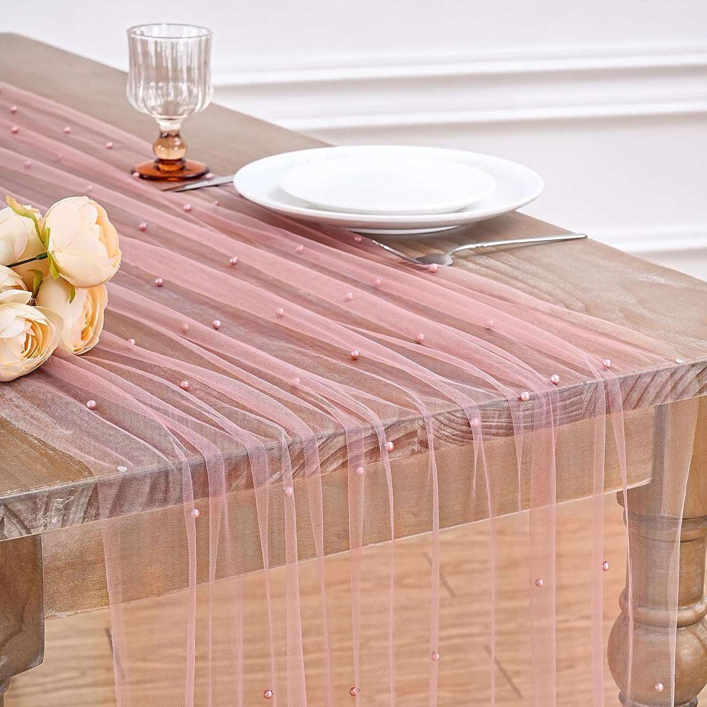 Dusty Pink Pearl Table Runner: Tulle 10ft Pearl Tulle Fabric Centerpieces Wedding Lace Tablecover Arch for Bridal Shower Veil Baby Shower Sweetheart Birthday Table Decorations