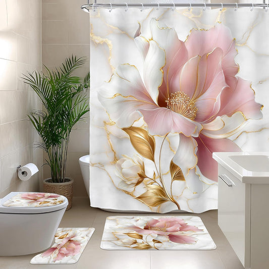 Riyidecor Marble Floral Pink Gold 4Pcs Bathroom Shower Curtain Sets Modern Flower Abstract Bathroom Decor Set with Rugs and Accessories Minimalist Toilet Lid Rug, Contour and Bath Mat with 12 Hooks