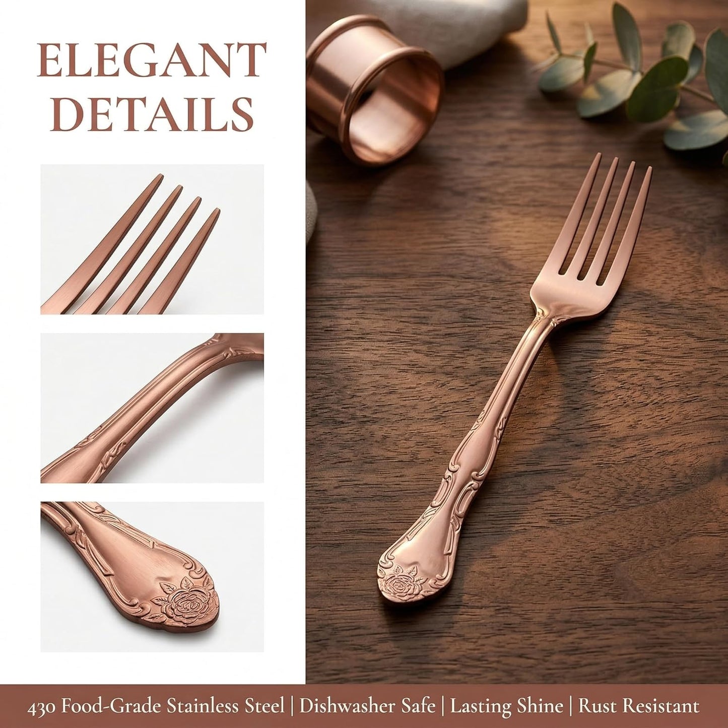 Rose Gold Salad Forks Set of 12, FULLYWARE 430 Stainless Steel Satin Finish Dessert Forks Silverware, Small Cake Forks with Rose Pattern Design, Dishwasher Safe for Home Restaurant