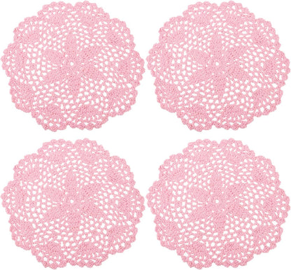uxcell Crochet Doilies, 4Pcs 8" - Handmade Crochet Cotton Coaster, Round Lace Placemats with Floral Patterns for Wedding Party Decoration (Pink)