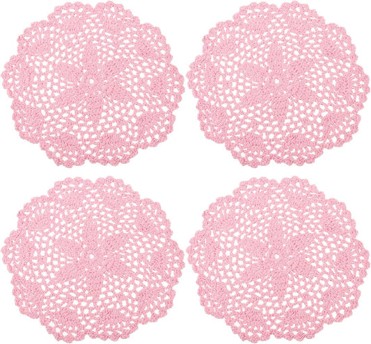 uxcell Crochet Doilies, 4Pcs 8" - Handmade Crochet Cotton Coaster, Round Lace Placemats with Floral Patterns for Wedding Party Decoration (Pink)