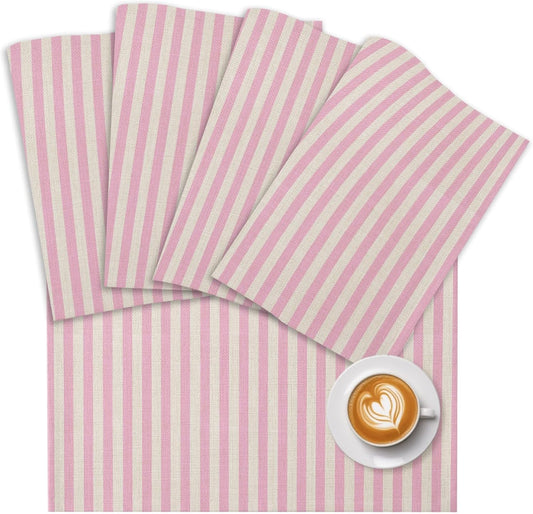 Pink Stripes Placemat Set of 6 Non-Slip Placemats for Dining Table Linen Classic Vertical Striped Washable Table Mats, Heat Resistant Kitchen Table Mats for Party, Dining Room & Home Decor