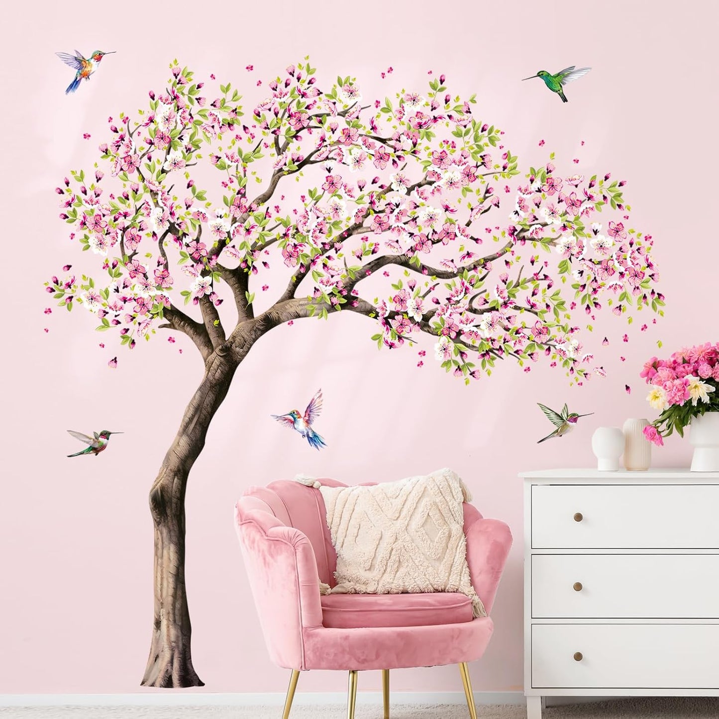 Large Cherry Flower Tree Wall Decals Spring Pink Cherry Blossom Hummingbirds Wall Stickers Peel and Stick for Girls Bedroom Living Room Kitchen Sofa TV Backdrop Decoration Gift for Mom