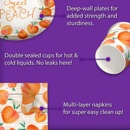 Sweet as a Peach Party Supplies Set Plates Napkins Cups Tableware Kit for 16