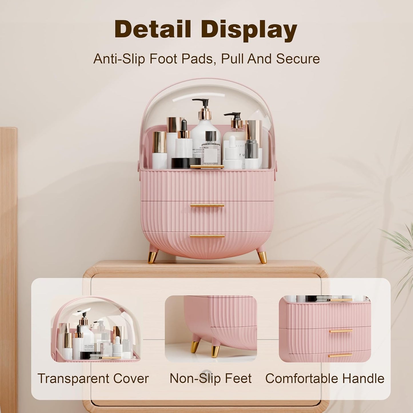 lurcns Makeup Organizers and Storage Make up Organizer for Vanity Cosmetics Skincare With Lid and Drawers Display Cases for Countertop Bathroom Women Teenager Girl Gifts(Pink+Brush Holder)