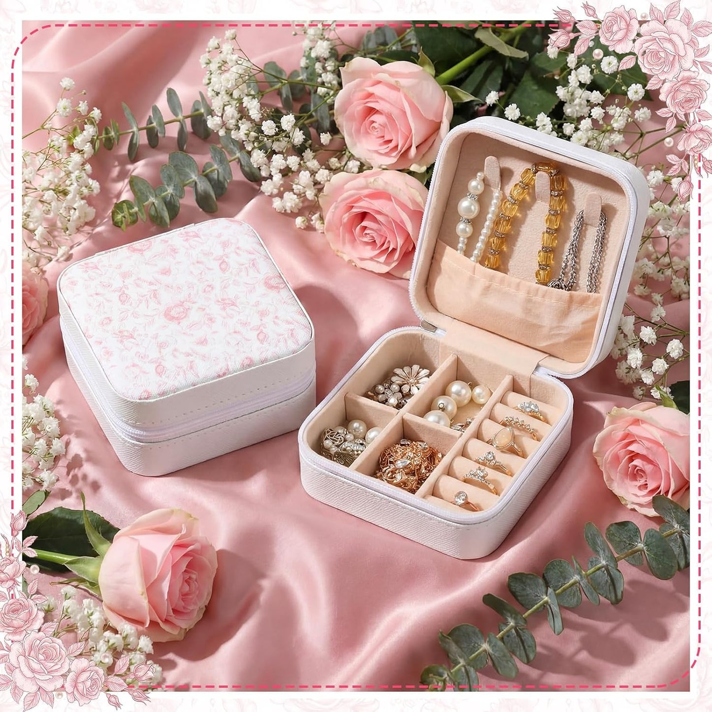 Novabright 8 Pcs Pink and White Floral Travel Jewelry Case Bulk Small Bridesmaid Jewelry Organizers and Storage Box Gifts Little Accessories Holder Tiny Wedding Bridal Party Favors for Women