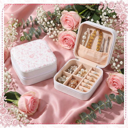 Novabright 8 Pcs Pink and White Floral Travel Jewelry Case Bulk Small Bridesmaid Jewelry Organizers and Storage Box Gifts Little Accessories Holder Tiny Wedding Bridal Party Favors for Women