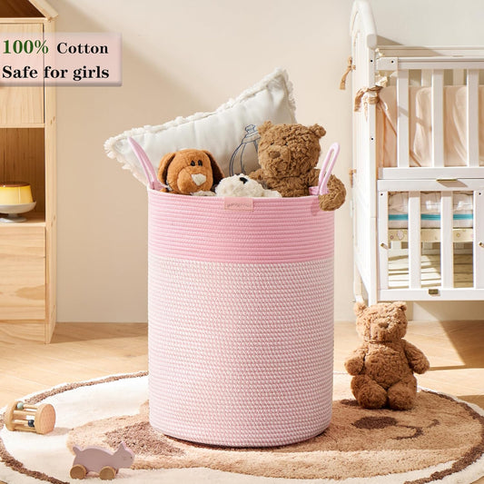 80L Extra Large Pink Hamper Tall Laundry Basket for Girls Kids Nursery Hamper for Baby Woven Cotton Rope Laundry Basket for Little Girls Room Bedroom 16x22 Inches