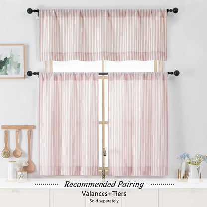 Chyhomenyc Pink Stripe Window Valances - Light Filtering Faux Linen Short Tier Valance Curtains, Rod Pocket Boho Striped Topper Farmhouse Valance for Living Room Bathroom, 52Wx18L, 2 Pieces